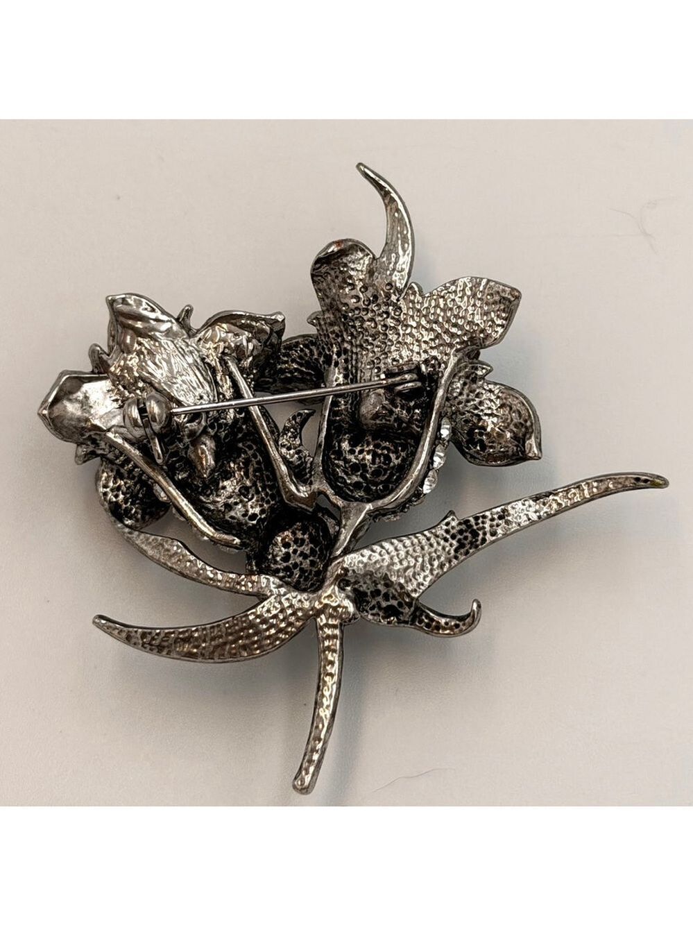 Vintage Enamel Floral Brooch with Rhinestones – Dual Flower Design 2254 - Picture 2 of 2